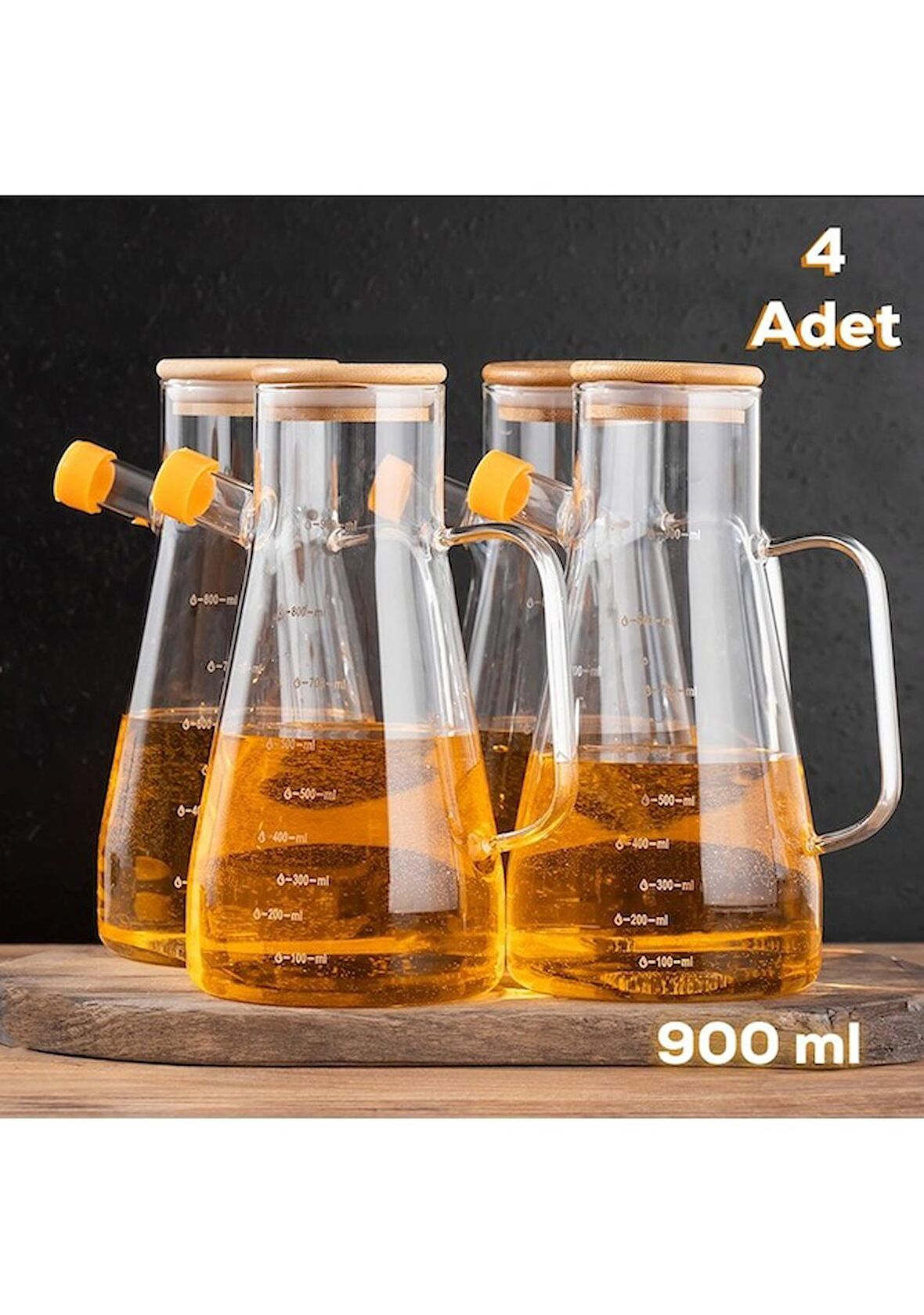 Porsima 401275 4'lü Alisa Bambu Kapaklı Borosilikat Ölçekli Cam Yağlık Silikon Tabanlı Yağdanlık 900 ML